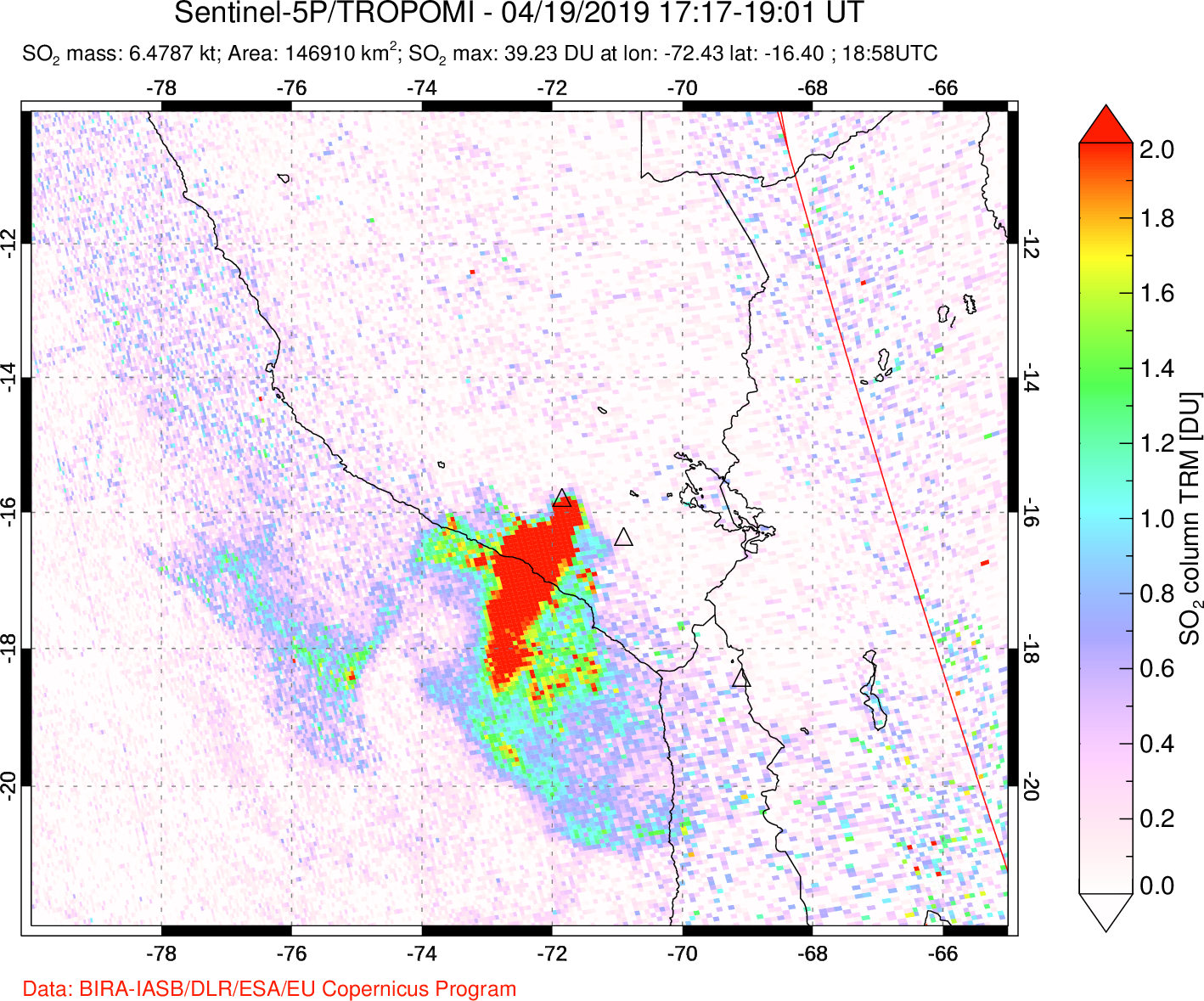 A sulfur dioxide image over Peru on Apr 19, 2019.