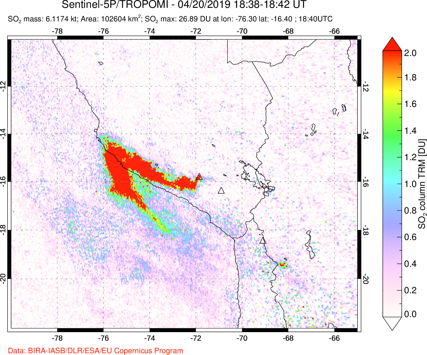 A sulfur dioxide image over Peru on Apr 20, 2019.