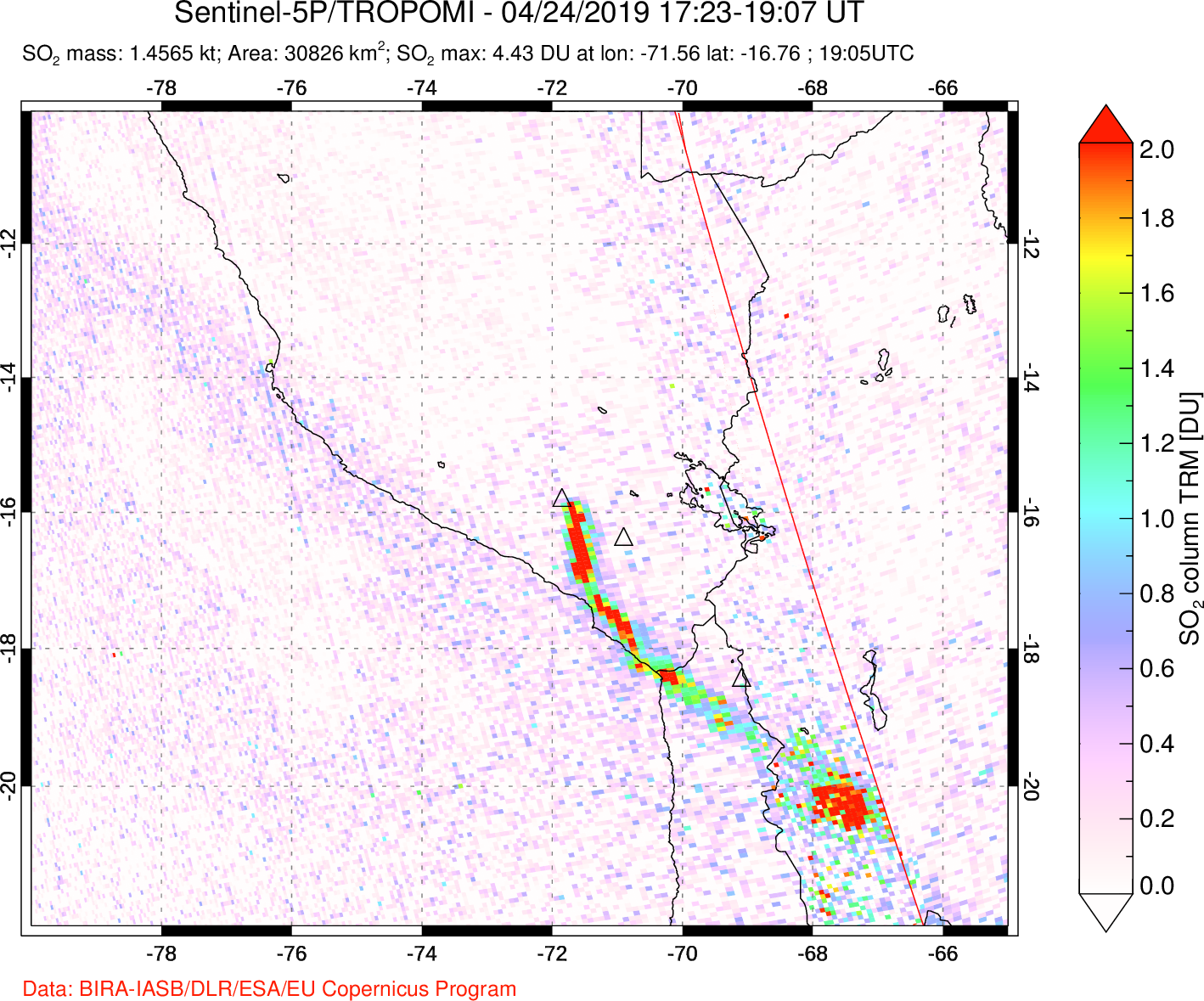 A sulfur dioxide image over Peru on Apr 24, 2019.