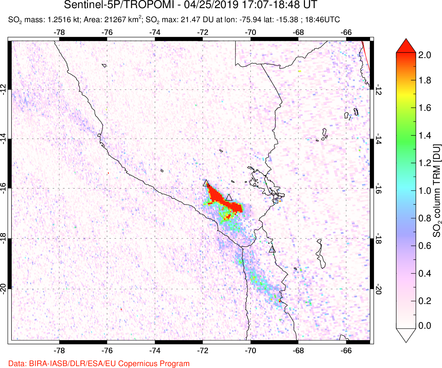 A sulfur dioxide image over Peru on Apr 25, 2019.