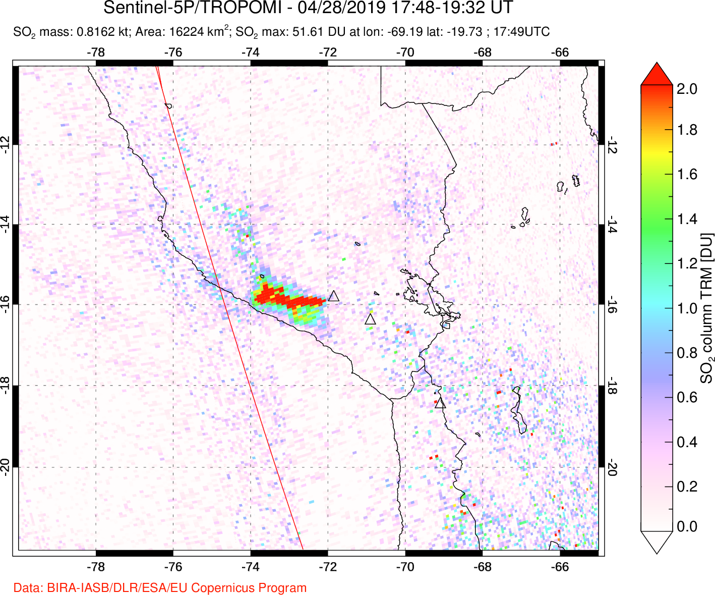 A sulfur dioxide image over Peru on Apr 28, 2019.