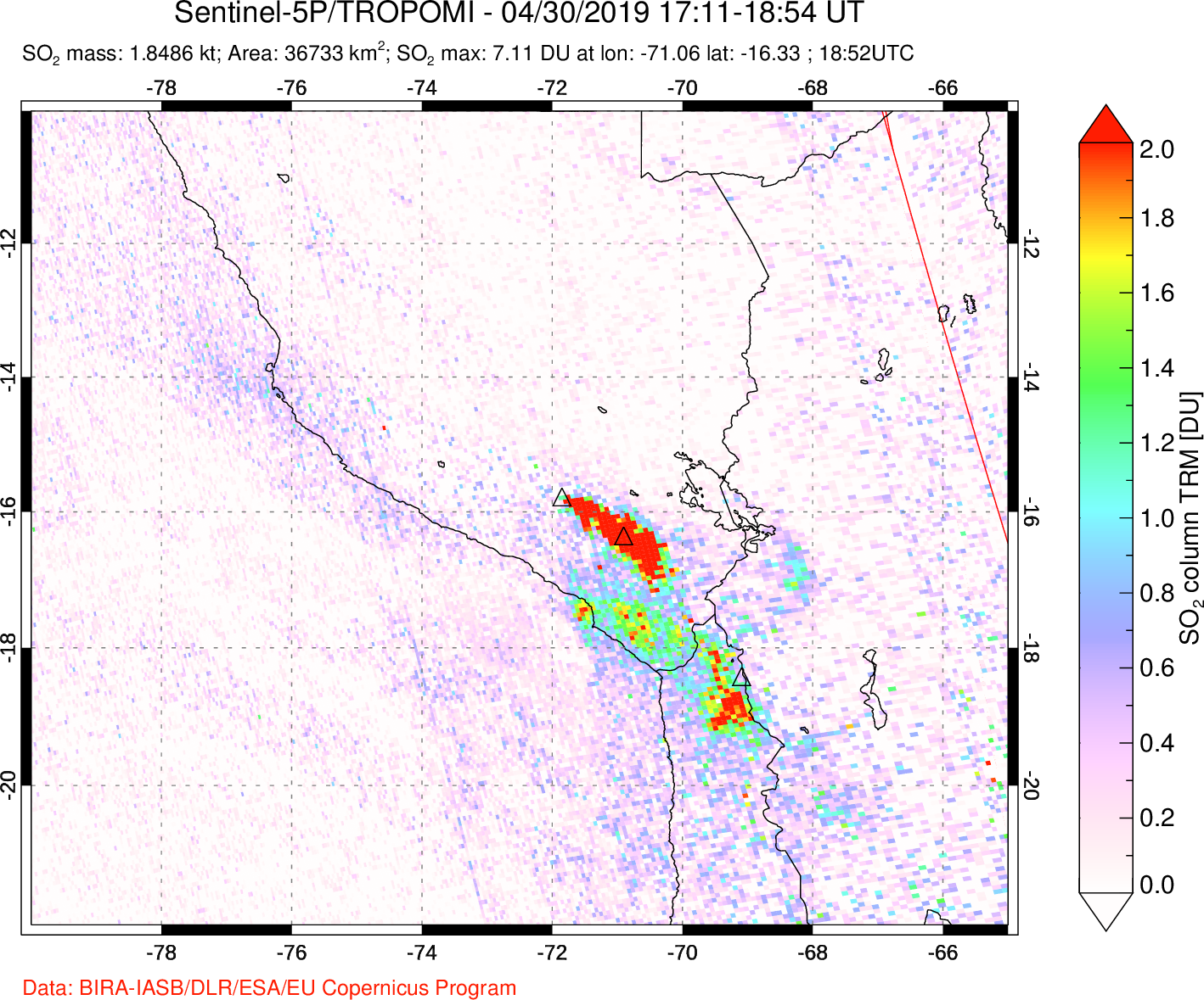 A sulfur dioxide image over Peru on Apr 30, 2019.