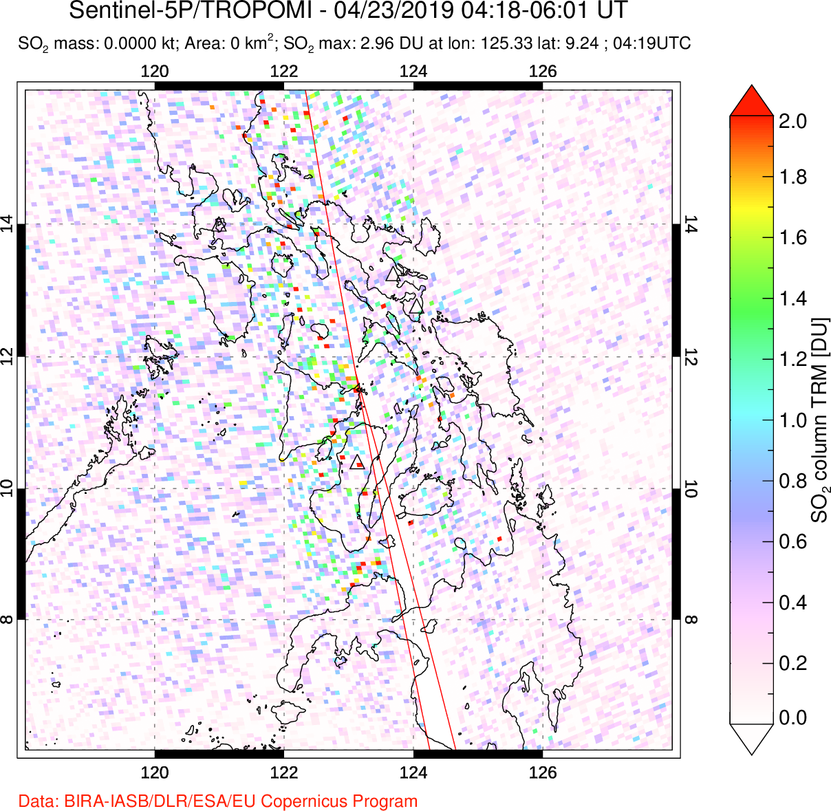 A sulfur dioxide image over Philippines on Apr 23, 2019.