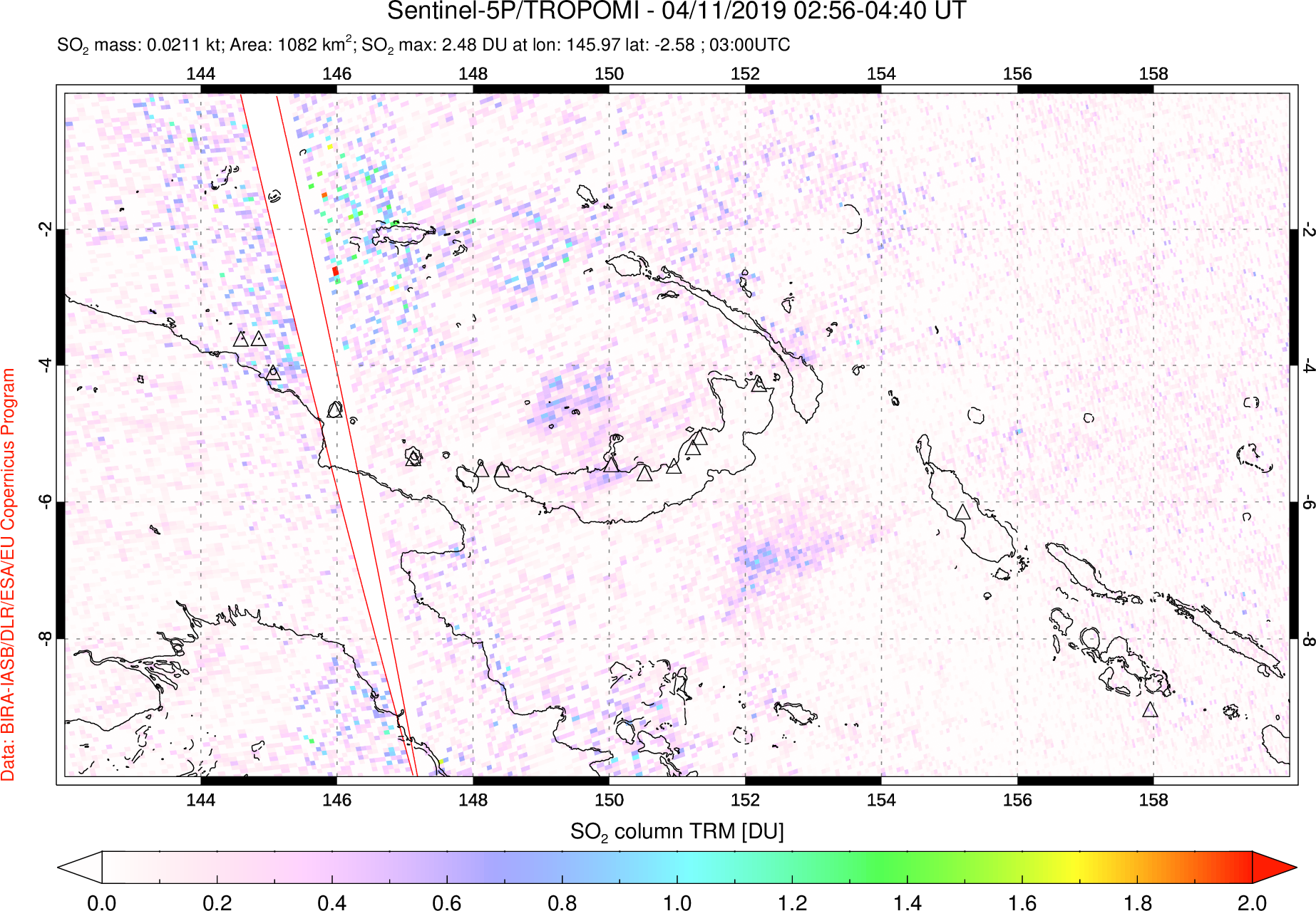 A sulfur dioxide image over Papua, New Guinea on Apr 11, 2019.