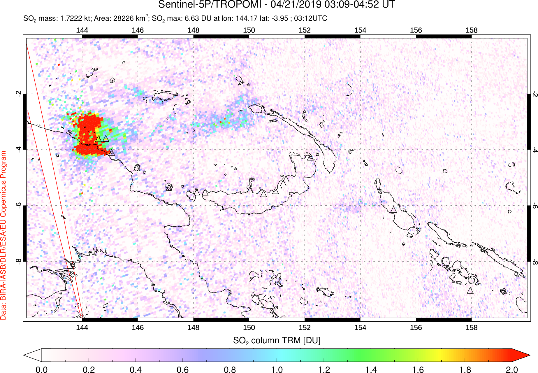 A sulfur dioxide image over Papua, New Guinea on Apr 21, 2019.