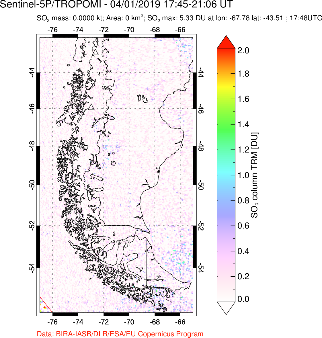 A sulfur dioxide image over Southern Chile on Apr 01, 2019.
