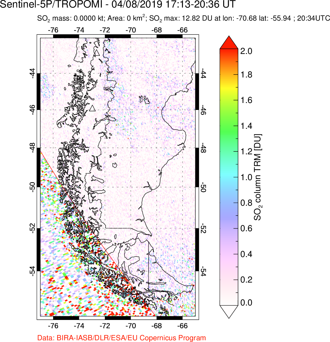 A sulfur dioxide image over Southern Chile on Apr 08, 2019.
