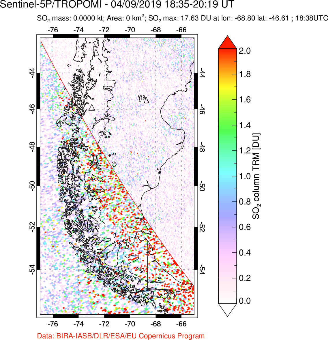 A sulfur dioxide image over Southern Chile on Apr 09, 2019.