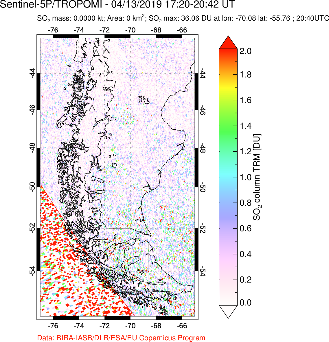 A sulfur dioxide image over Southern Chile on Apr 13, 2019.