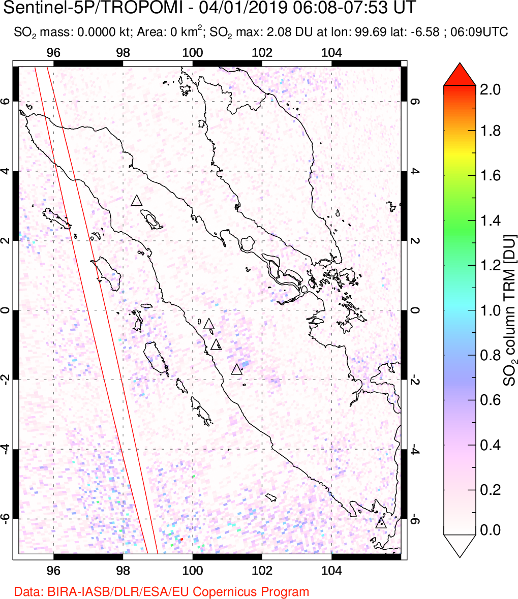 A sulfur dioxide image over Sumatra, Indonesia on Apr 01, 2019.