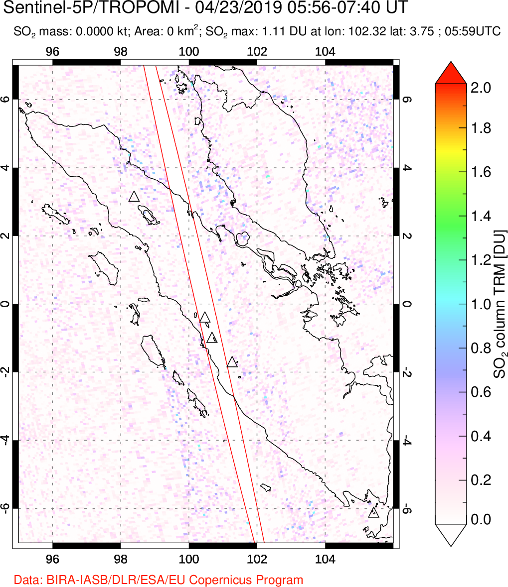 A sulfur dioxide image over Sumatra, Indonesia on Apr 23, 2019.