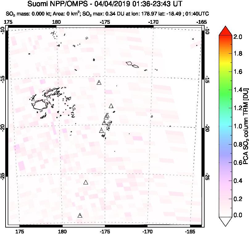 A sulfur dioxide image over Tonga, South Pacific on Apr 04, 2019.