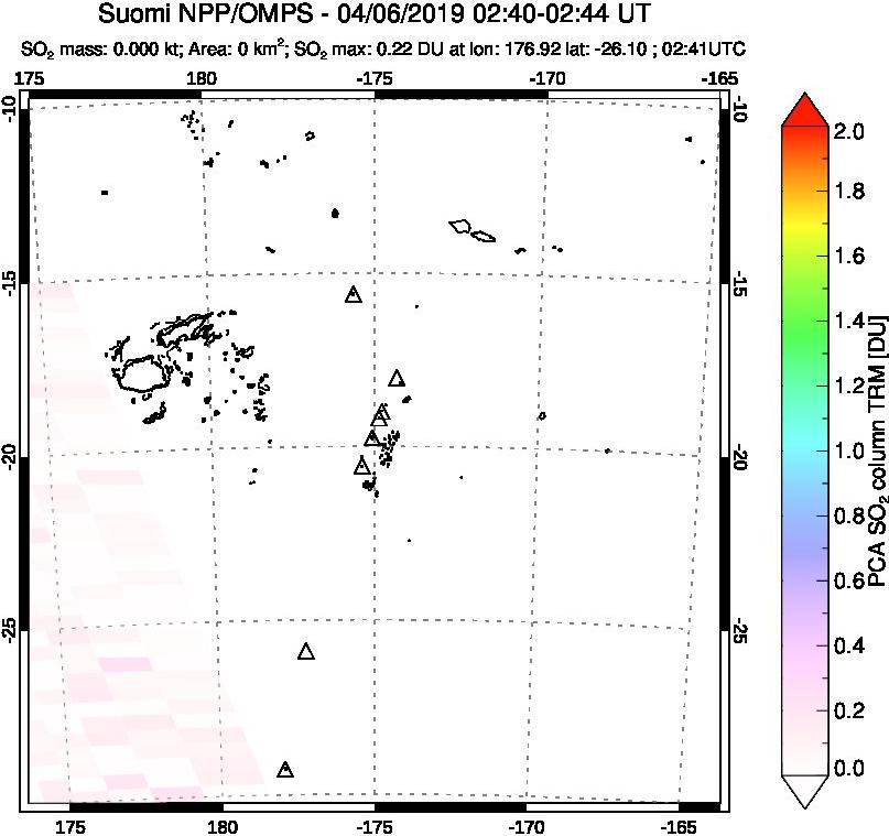 A sulfur dioxide image over Tonga, South Pacific on Apr 06, 2019.