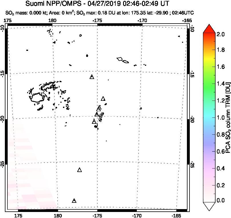 A sulfur dioxide image over Tonga, South Pacific on Apr 27, 2019.