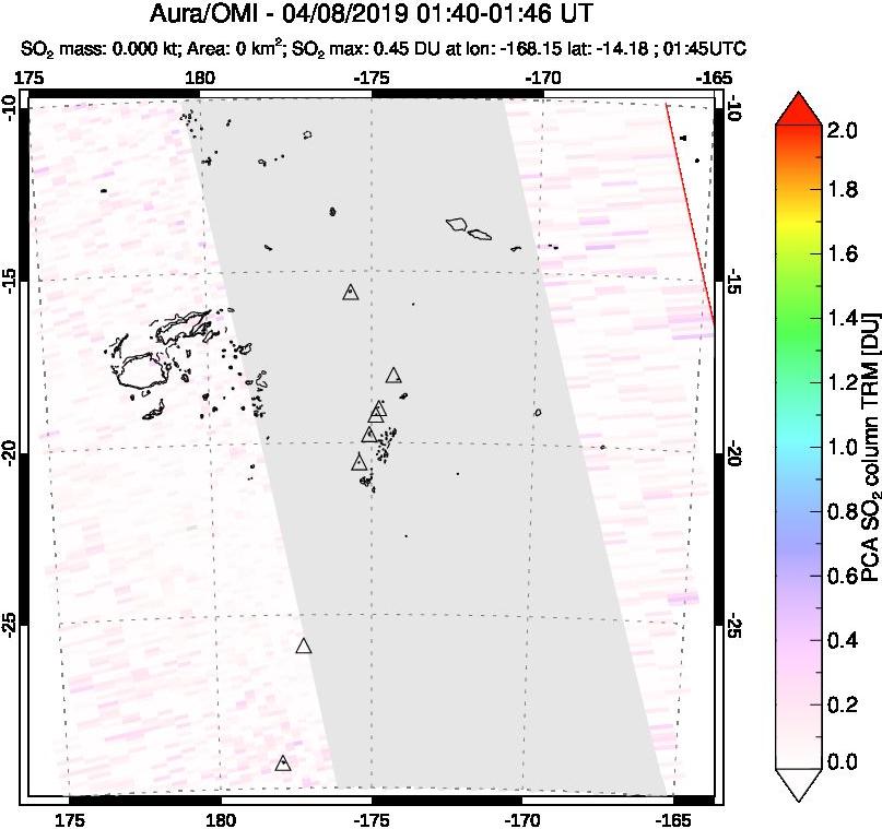 A sulfur dioxide image over Tonga, South Pacific on Apr 08, 2019.