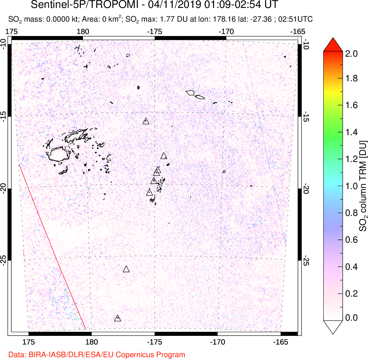 A sulfur dioxide image over Tonga, South Pacific on Apr 11, 2019.