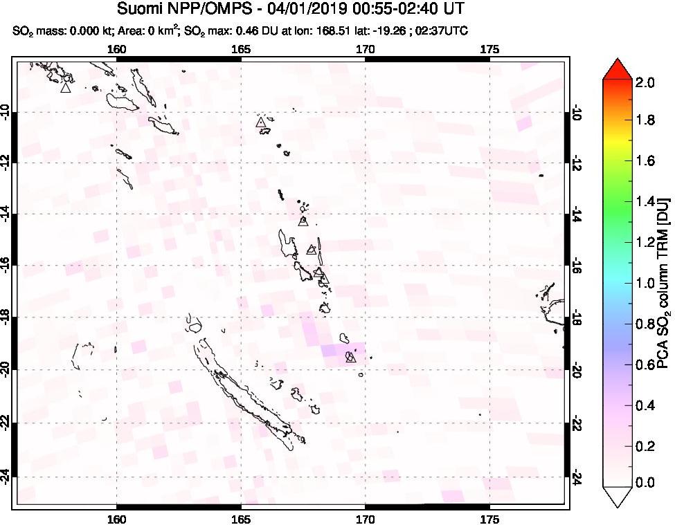 A sulfur dioxide image over Vanuatu, South Pacific on Apr 01, 2019.