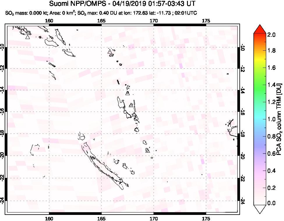 A sulfur dioxide image over Vanuatu, South Pacific on Apr 19, 2019.