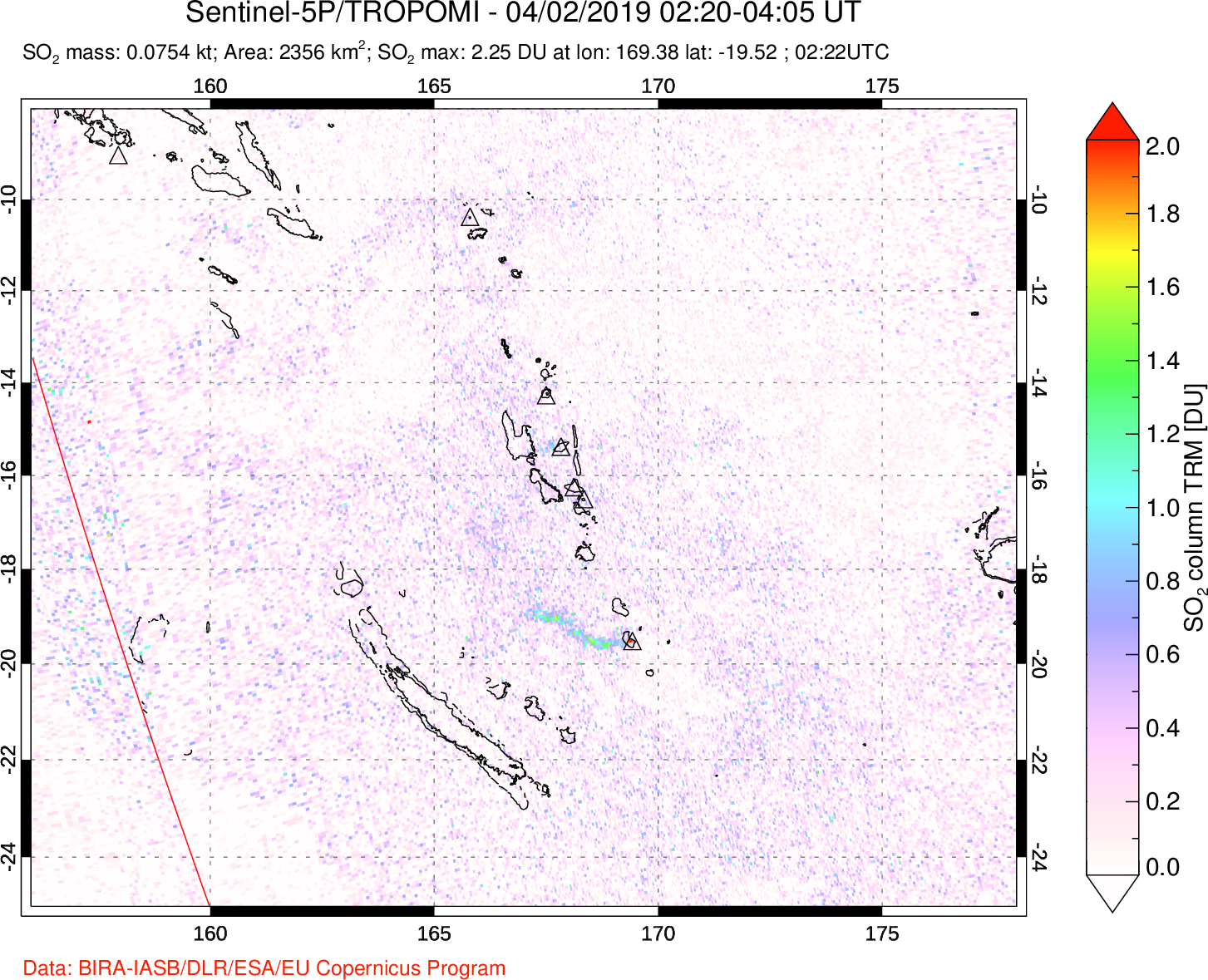 A sulfur dioxide image over Vanuatu, South Pacific on Apr 02, 2019.