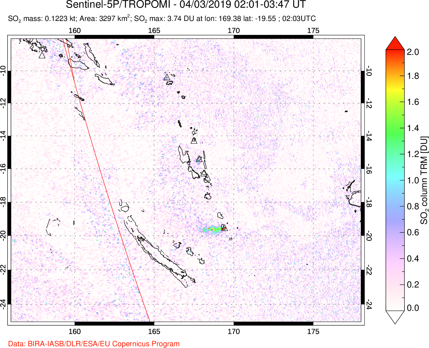 A sulfur dioxide image over Vanuatu, South Pacific on Apr 03, 2019.