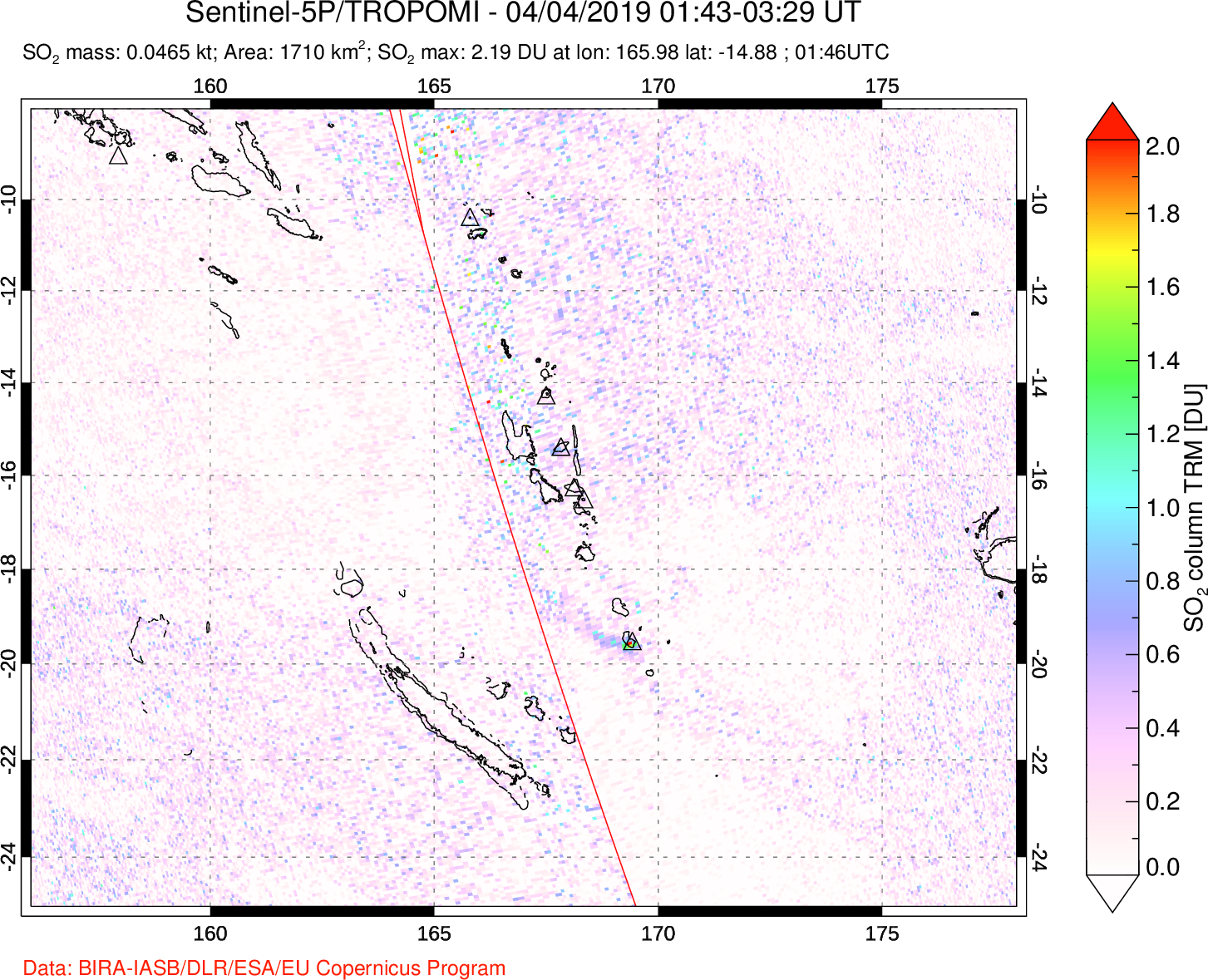 A sulfur dioxide image over Vanuatu, South Pacific on Apr 04, 2019.