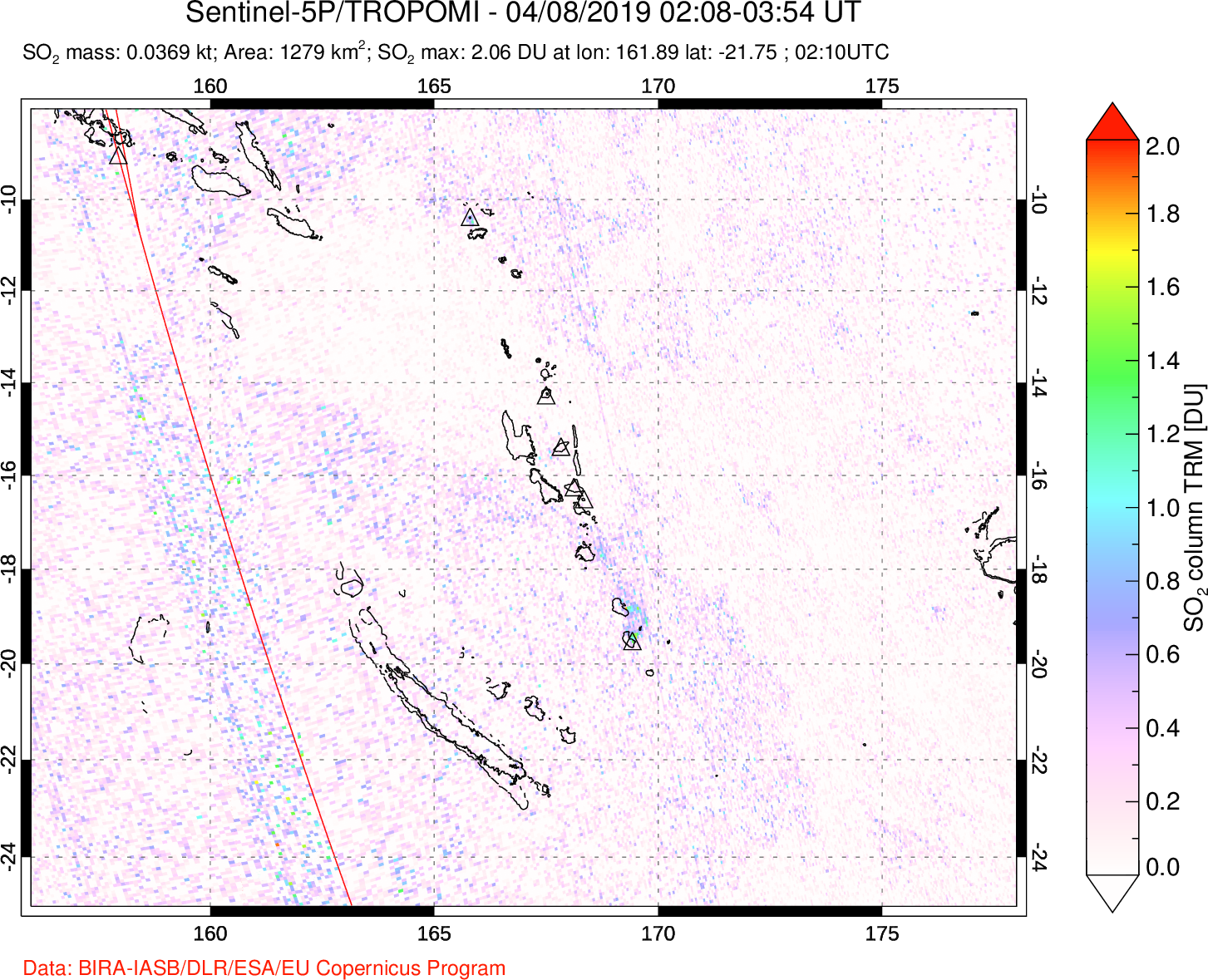 A sulfur dioxide image over Vanuatu, South Pacific on Apr 08, 2019.