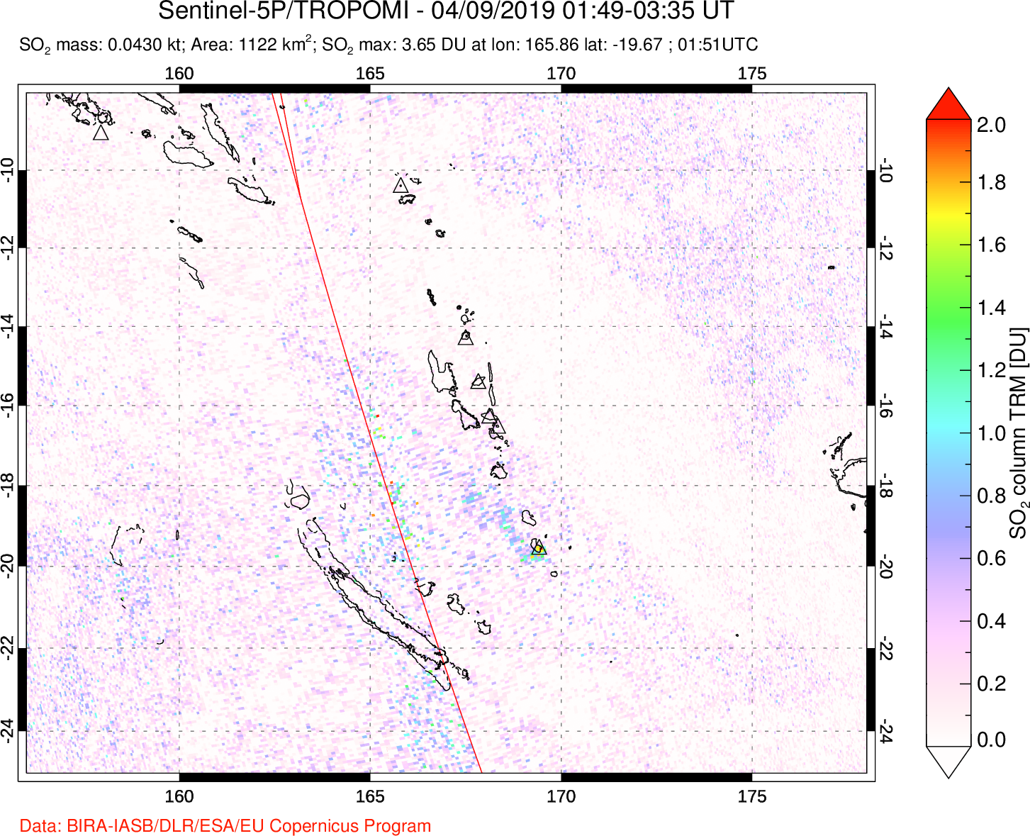 A sulfur dioxide image over Vanuatu, South Pacific on Apr 09, 2019.