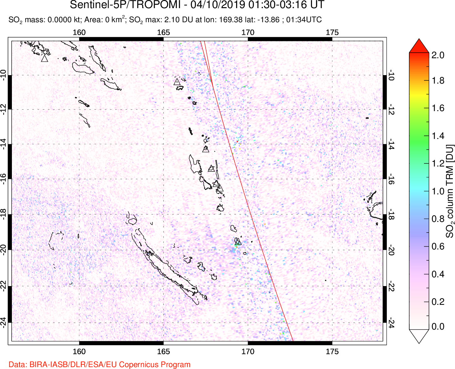A sulfur dioxide image over Vanuatu, South Pacific on Apr 10, 2019.
