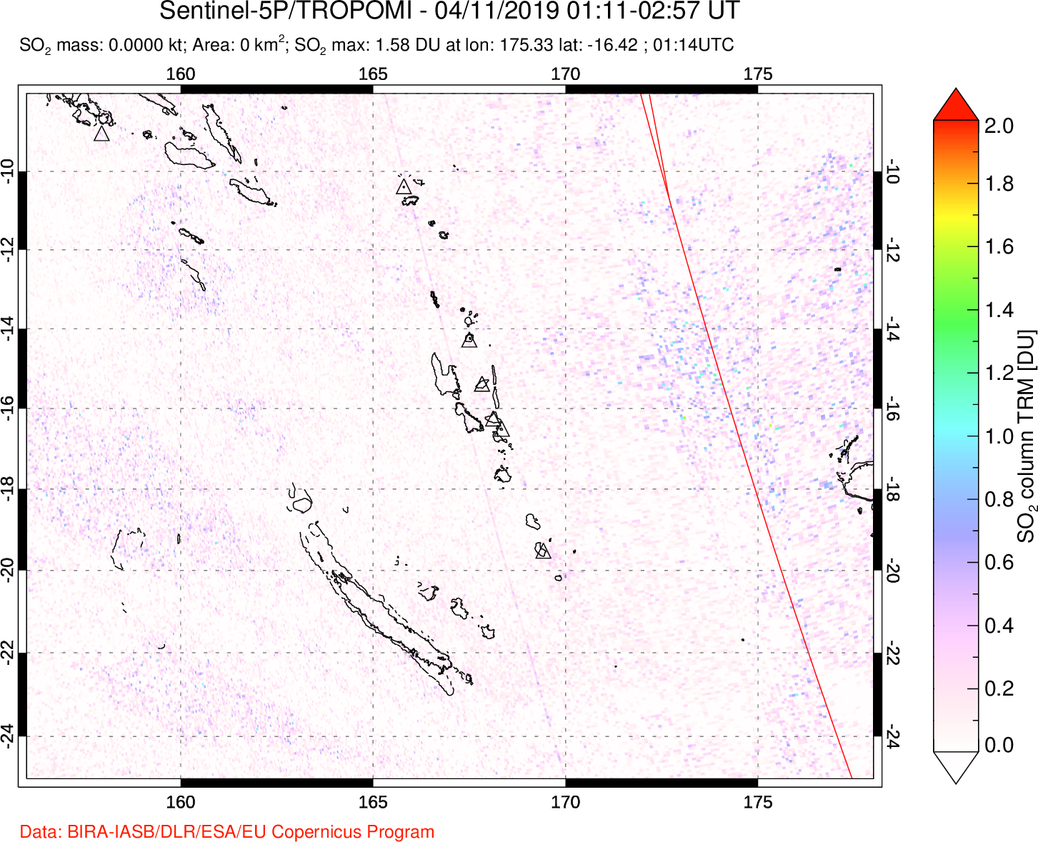 A sulfur dioxide image over Vanuatu, South Pacific on Apr 11, 2019.