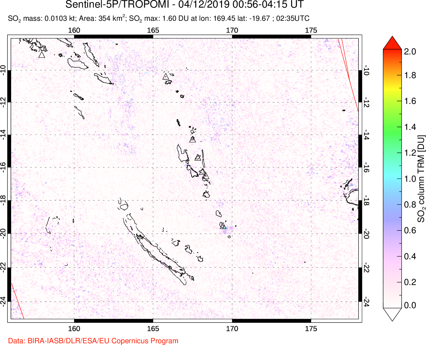 A sulfur dioxide image over Vanuatu, South Pacific on Apr 12, 2019.