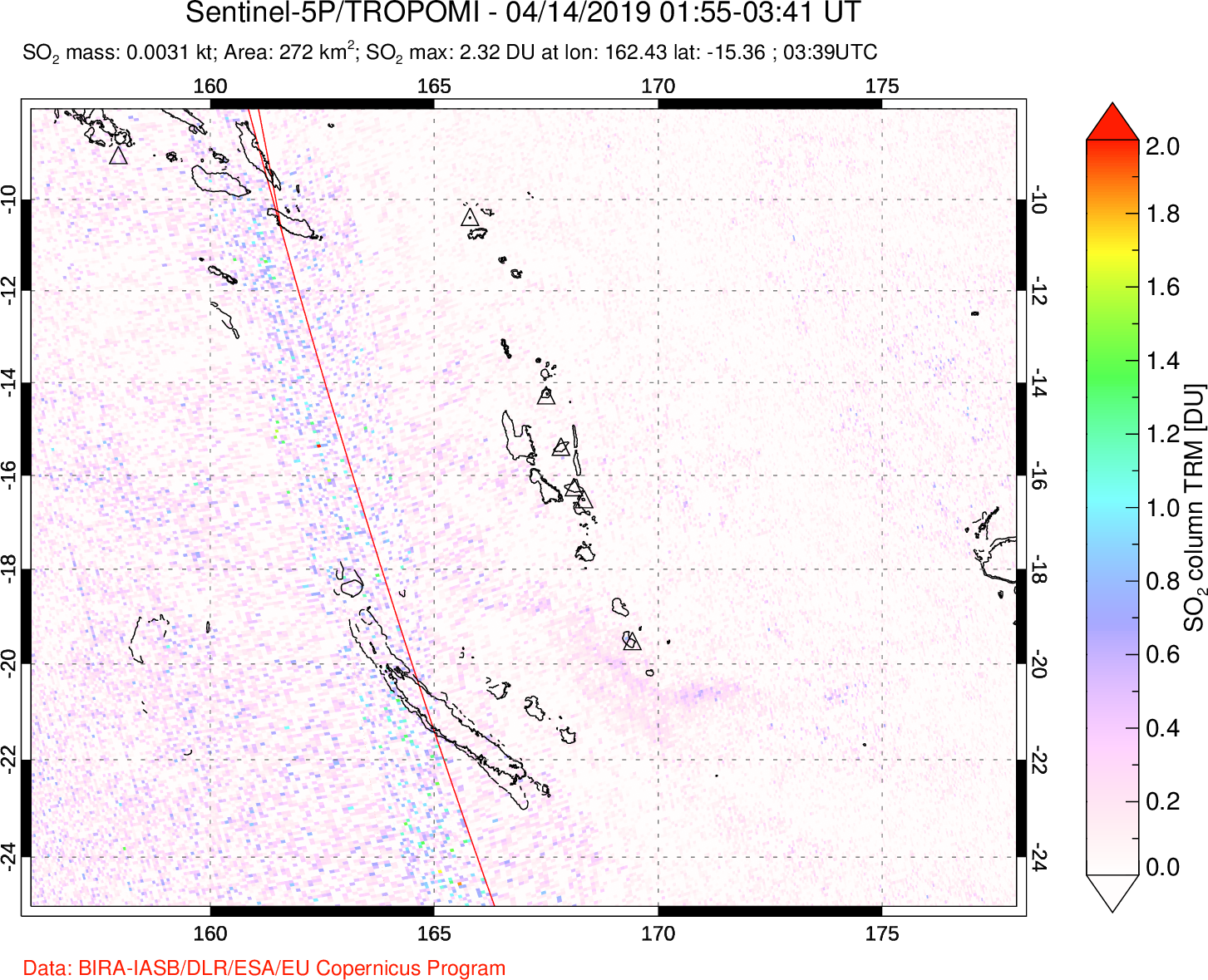 A sulfur dioxide image over Vanuatu, South Pacific on Apr 14, 2019.