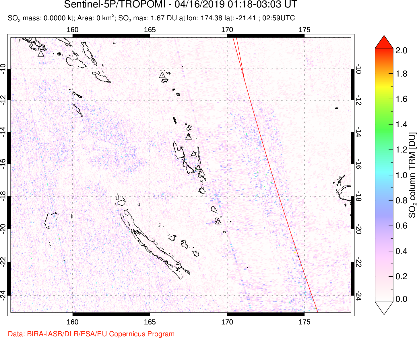 A sulfur dioxide image over Vanuatu, South Pacific on Apr 16, 2019.