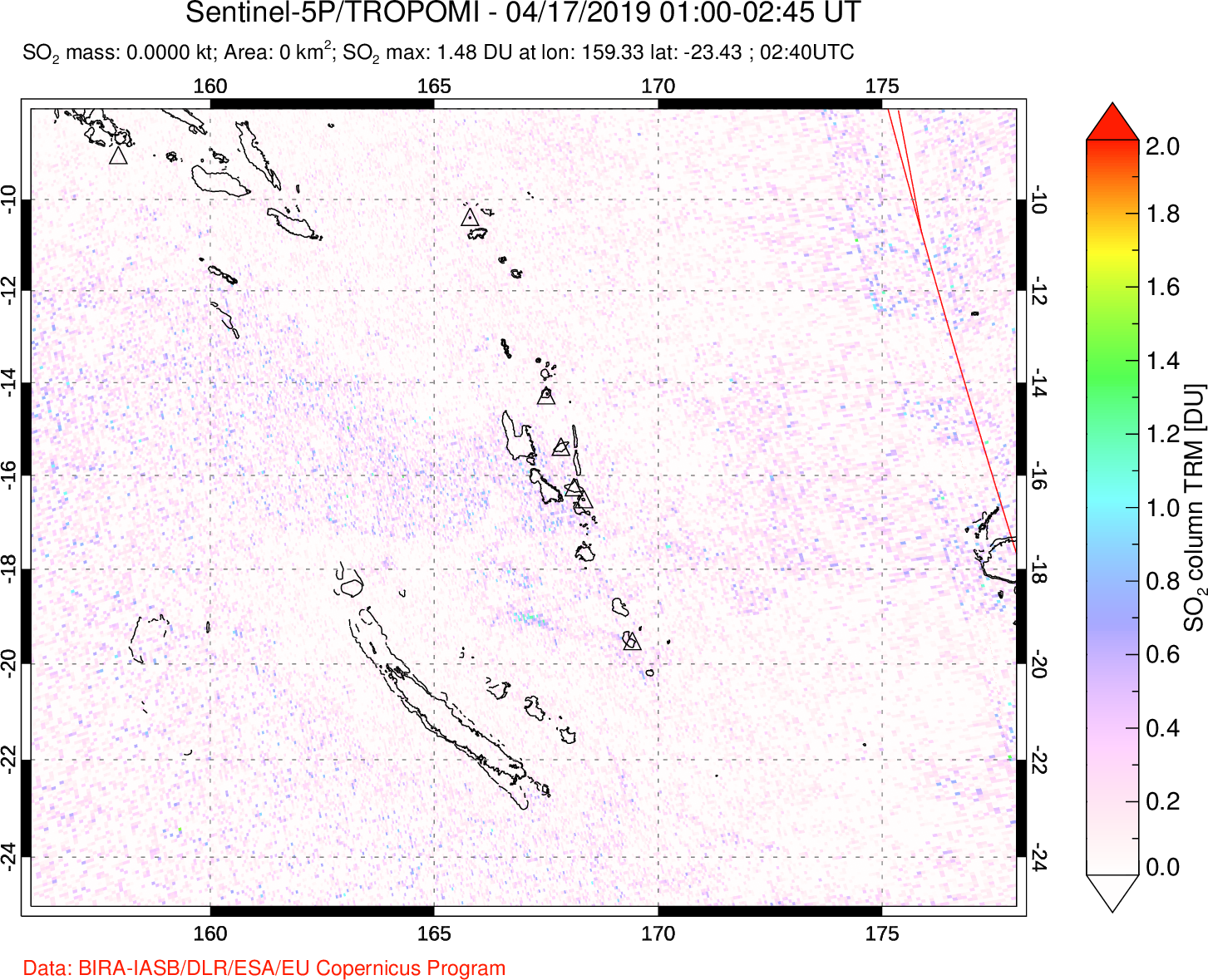 A sulfur dioxide image over Vanuatu, South Pacific on Apr 17, 2019.