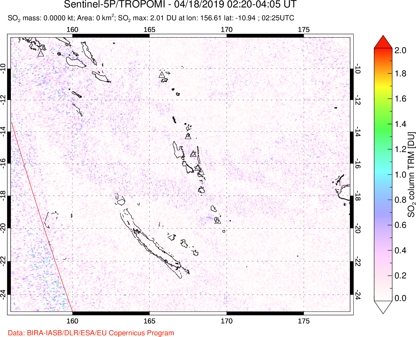A sulfur dioxide image over Vanuatu, South Pacific on Apr 18, 2019.