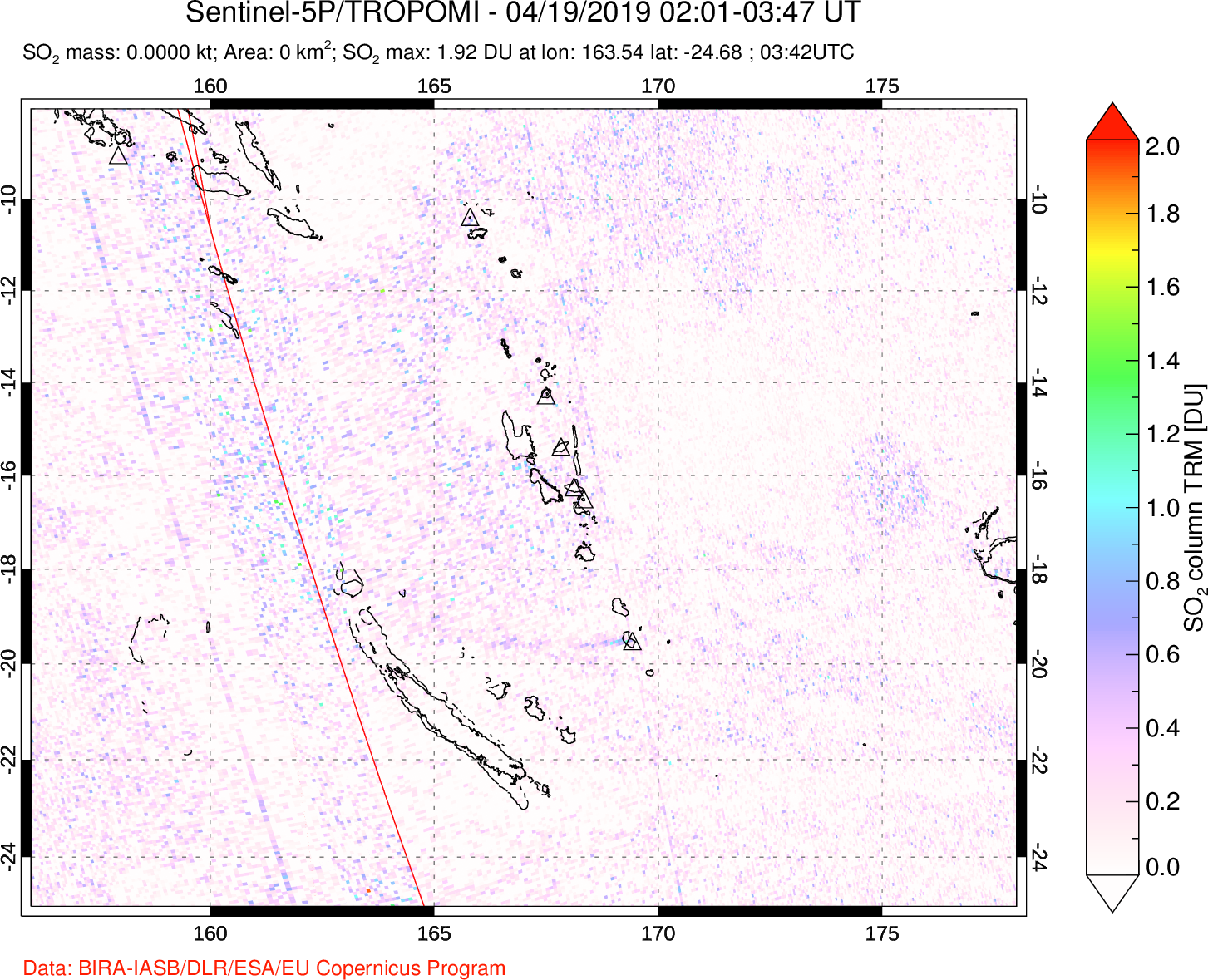 A sulfur dioxide image over Vanuatu, South Pacific on Apr 19, 2019.