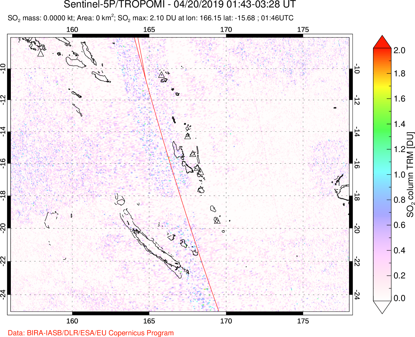 A sulfur dioxide image over Vanuatu, South Pacific on Apr 20, 2019.