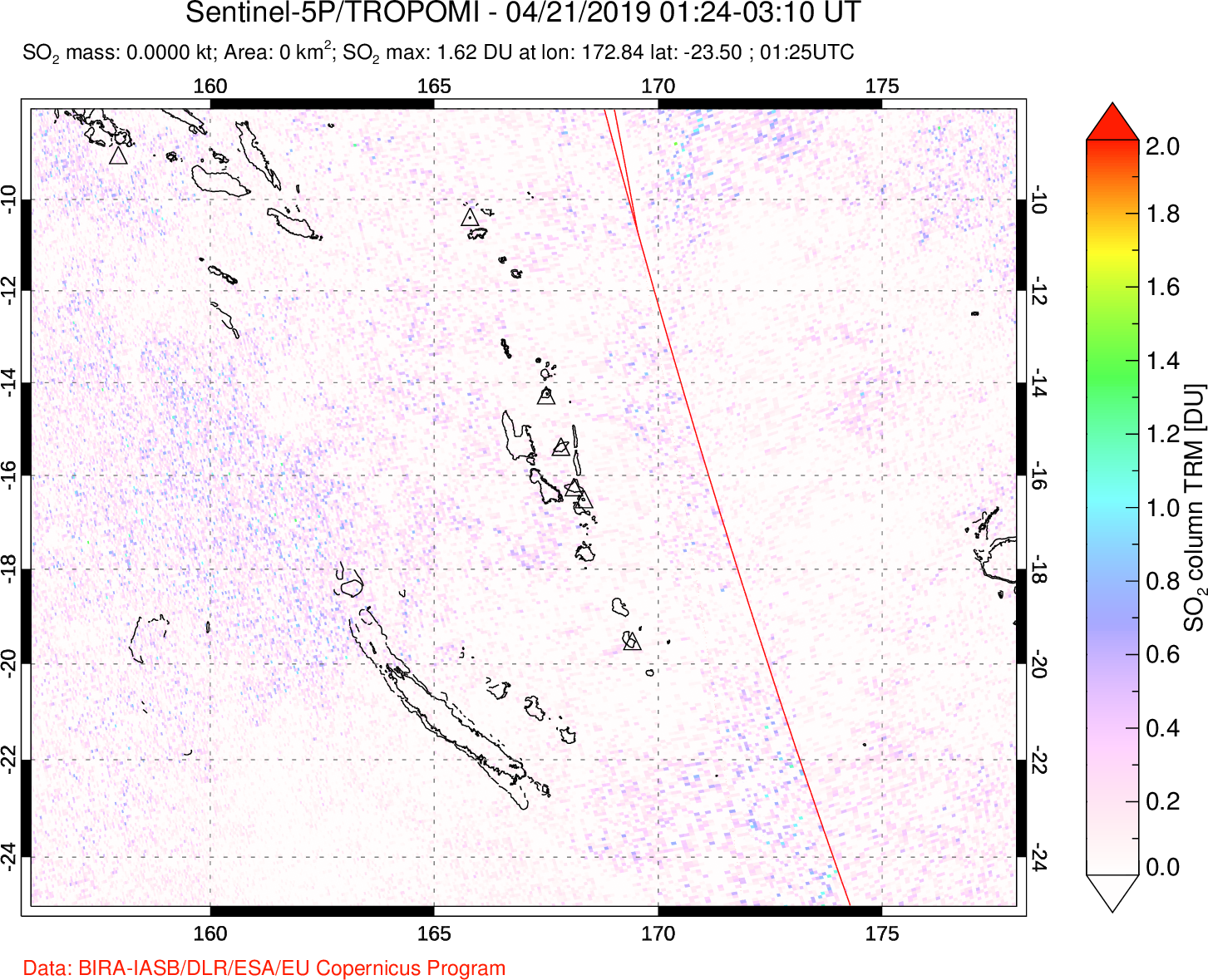 A sulfur dioxide image over Vanuatu, South Pacific on Apr 21, 2019.