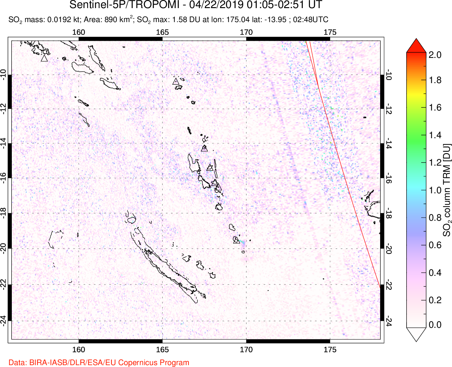 A sulfur dioxide image over Vanuatu, South Pacific on Apr 22, 2019.