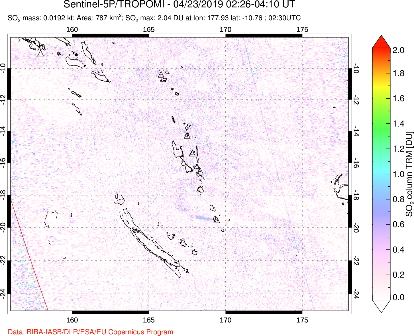 A sulfur dioxide image over Vanuatu, South Pacific on Apr 23, 2019.