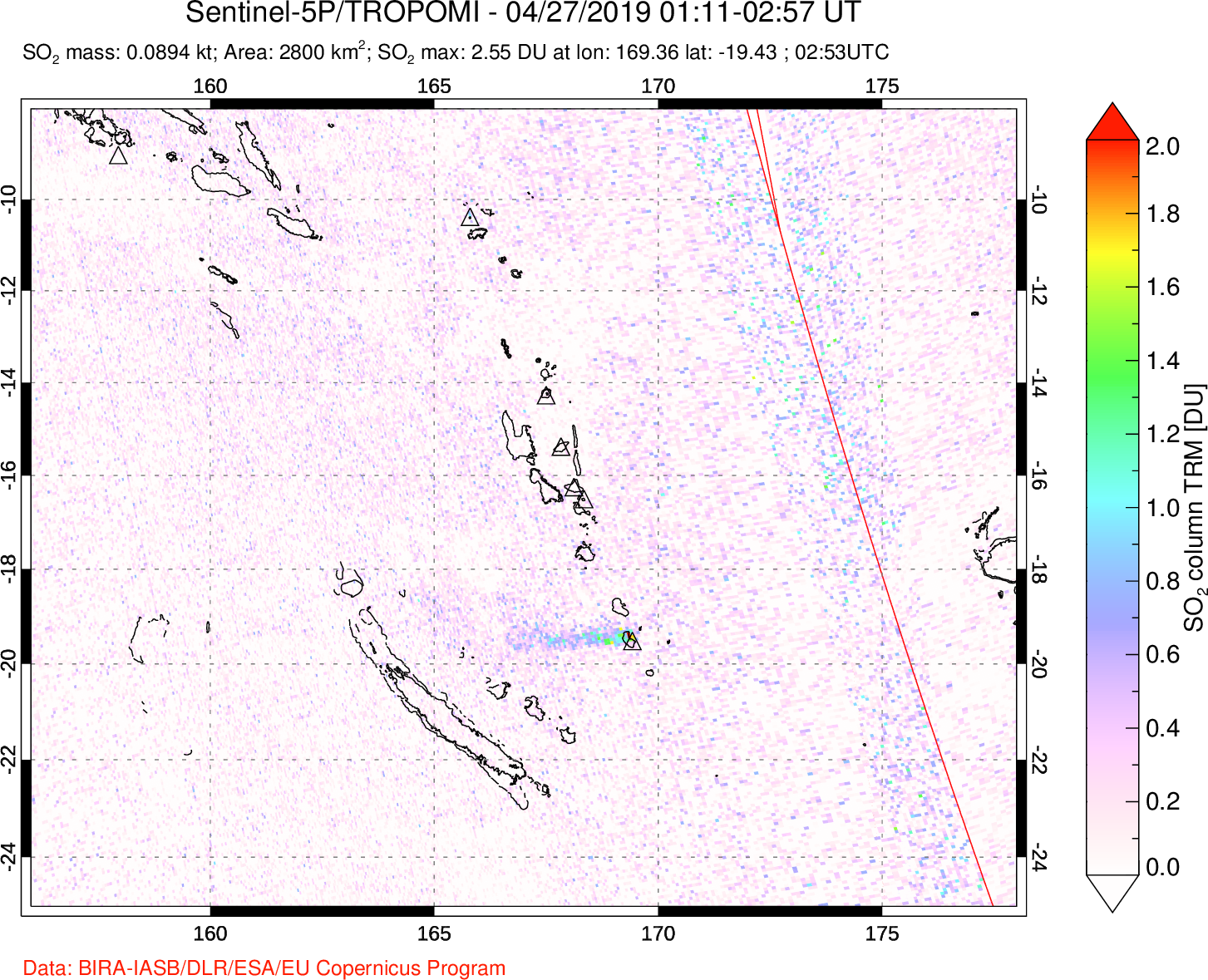 A sulfur dioxide image over Vanuatu, South Pacific on Apr 27, 2019.