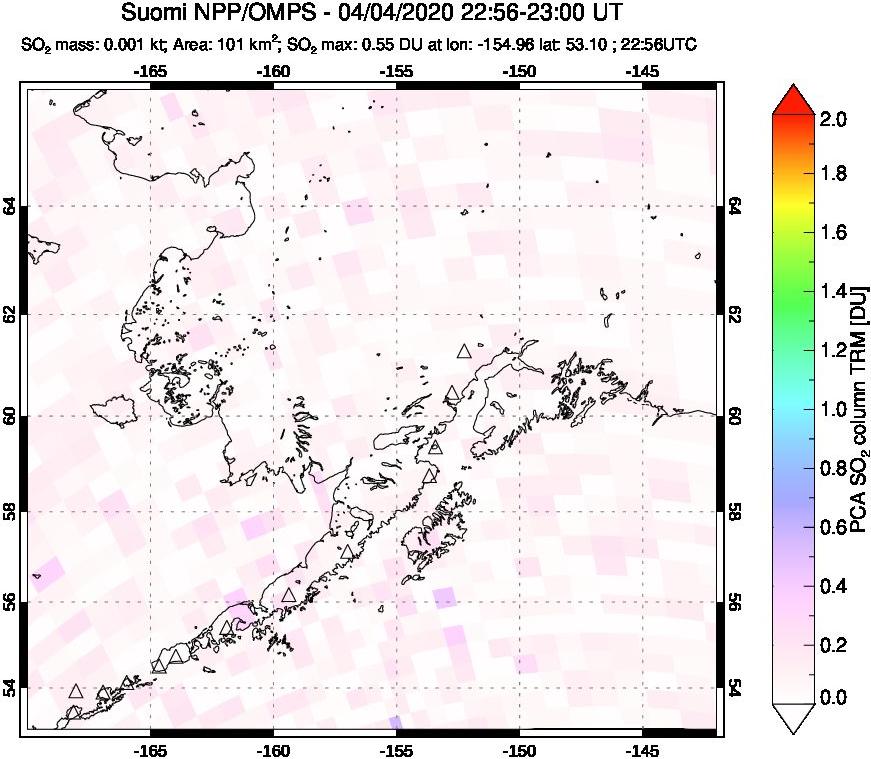 A sulfur dioxide image over Alaska, USA on Apr 04, 2020.
