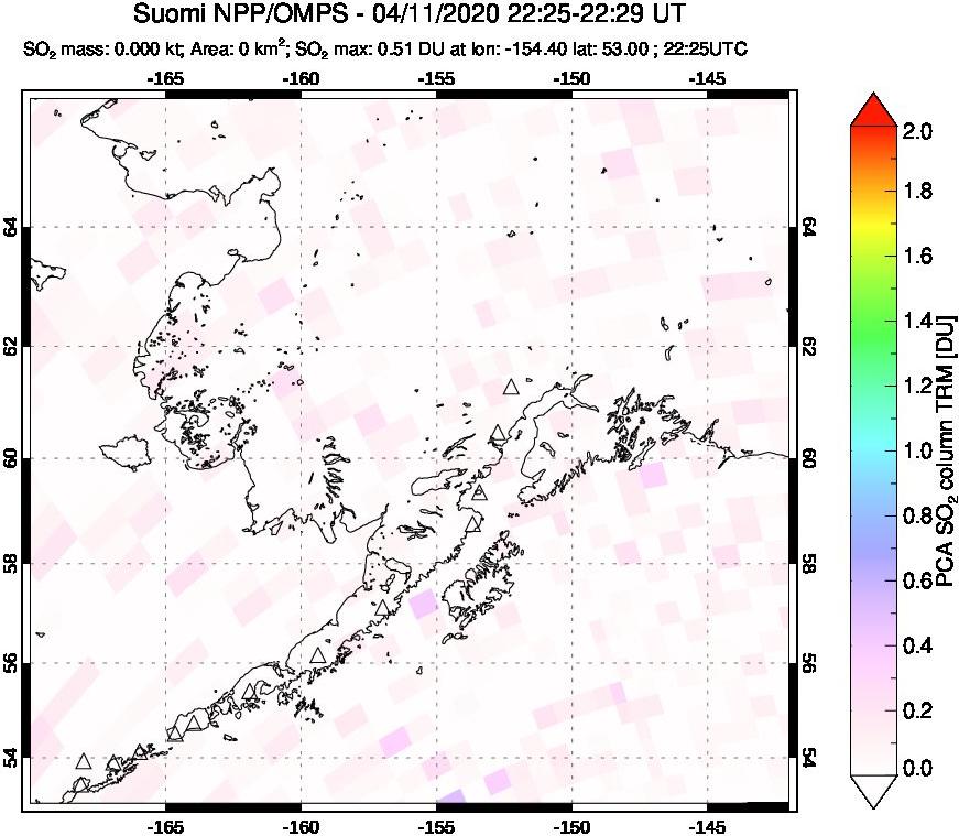 A sulfur dioxide image over Alaska, USA on Apr 11, 2020.