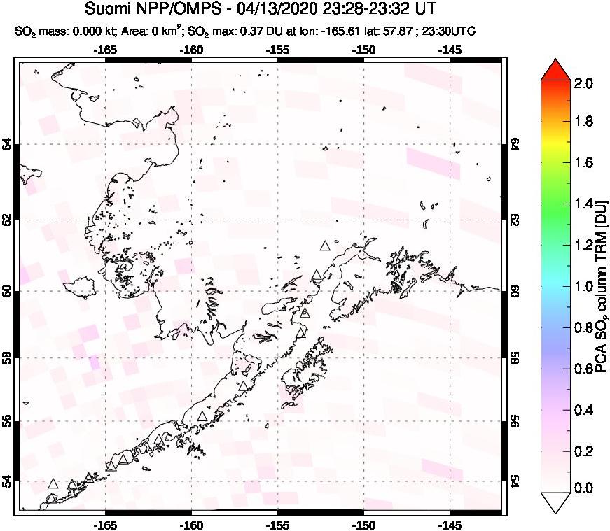 A sulfur dioxide image over Alaska, USA on Apr 13, 2020.