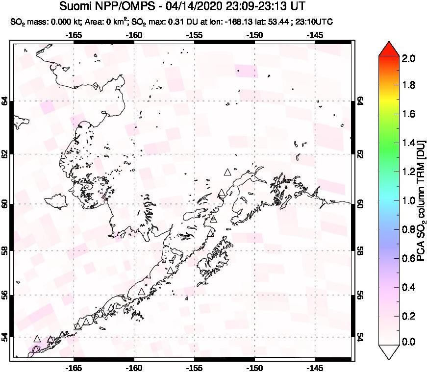 A sulfur dioxide image over Alaska, USA on Apr 14, 2020.