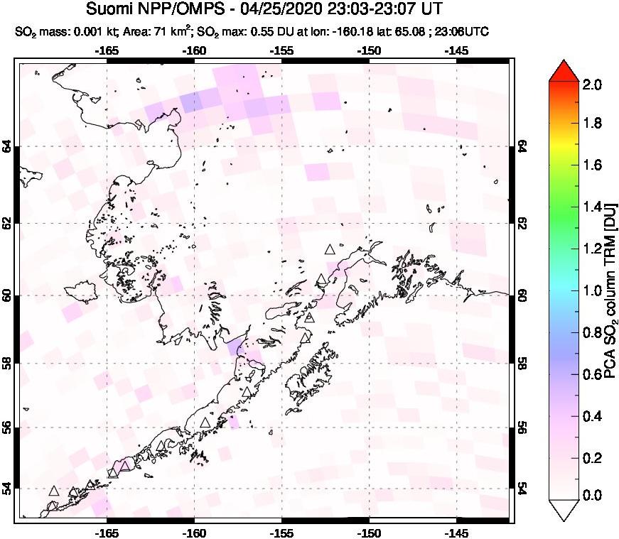 A sulfur dioxide image over Alaska, USA on Apr 25, 2020.