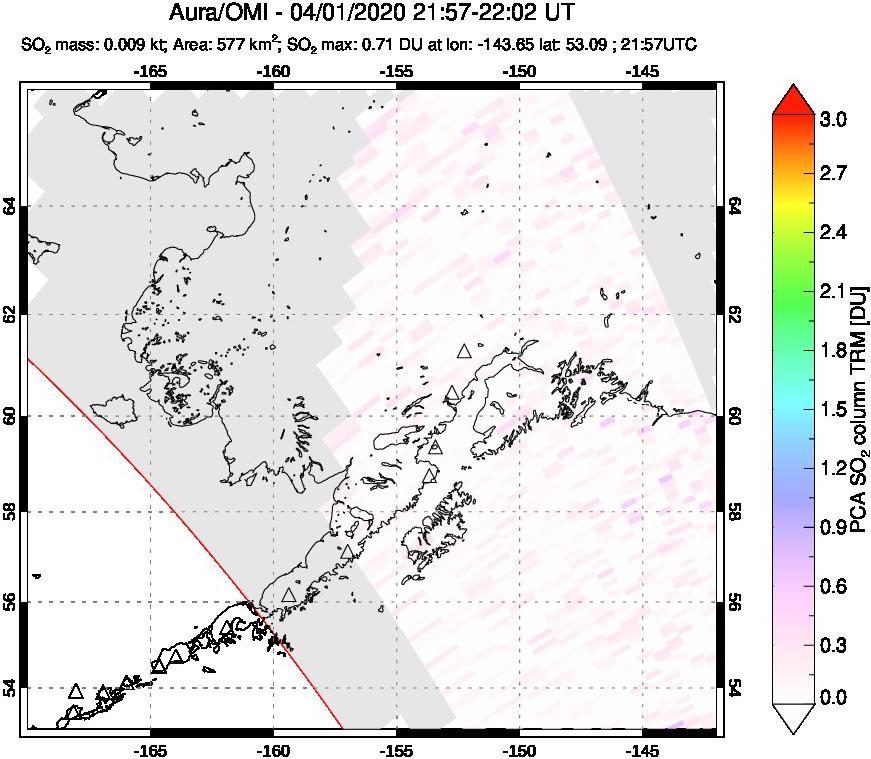 A sulfur dioxide image over Alaska, USA on Apr 01, 2020.
