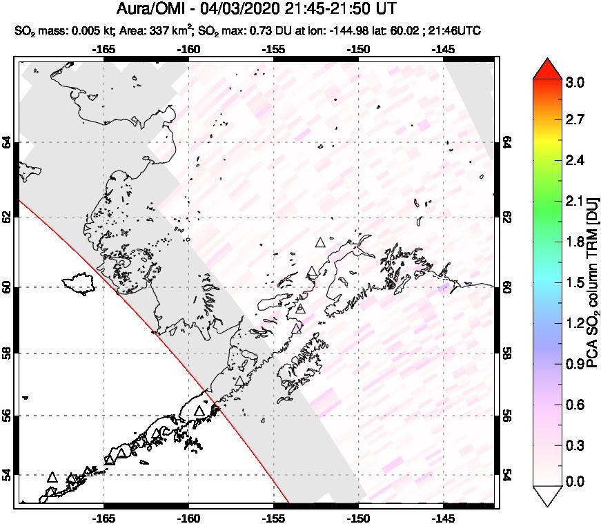 A sulfur dioxide image over Alaska, USA on Apr 03, 2020.