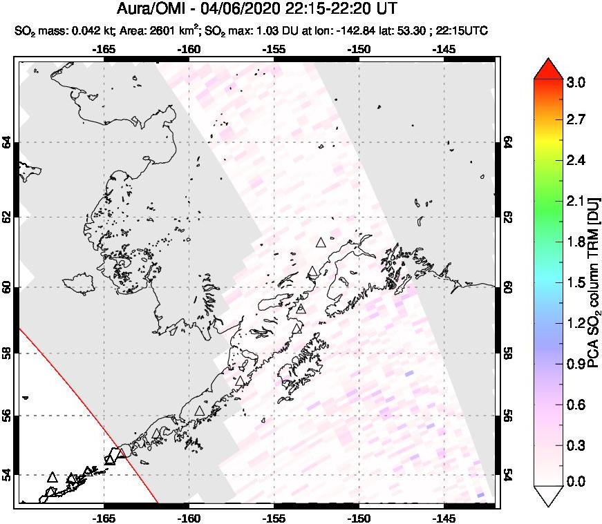 A sulfur dioxide image over Alaska, USA on Apr 06, 2020.