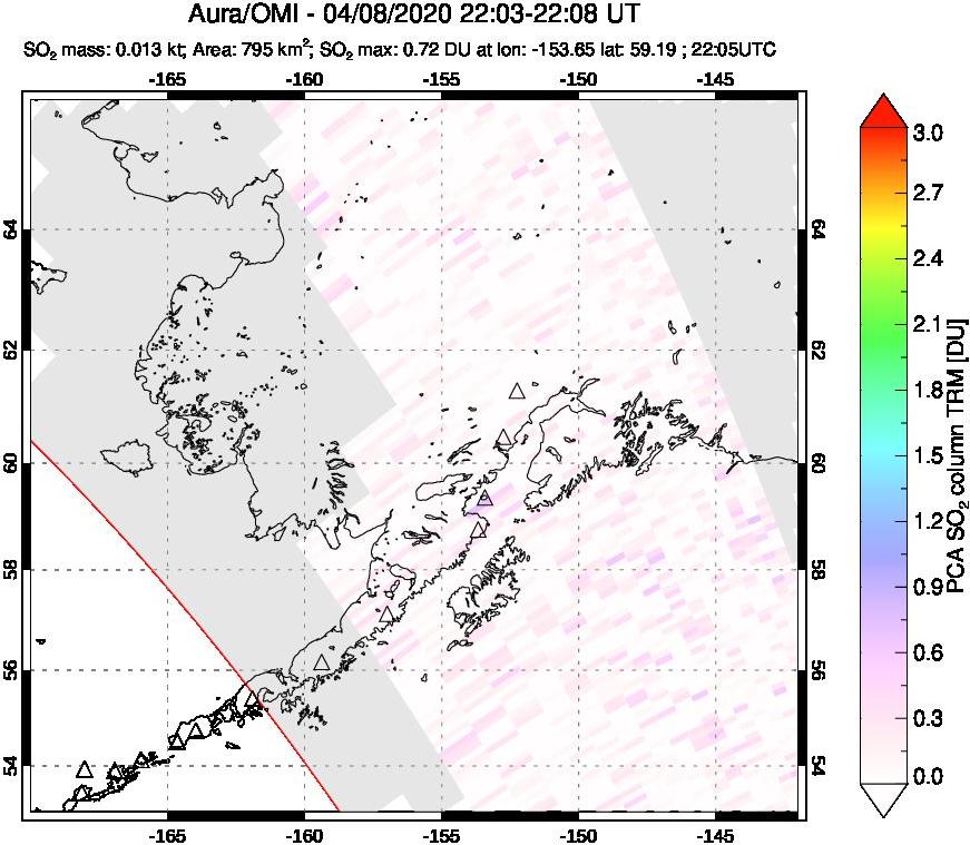A sulfur dioxide image over Alaska, USA on Apr 08, 2020.