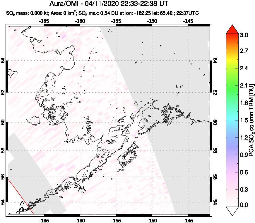 A sulfur dioxide image over Alaska, USA on Apr 11, 2020.